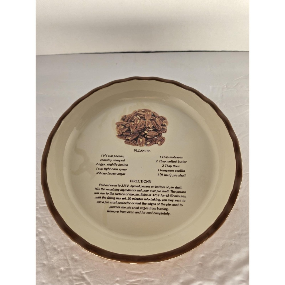 Pecan Pie Recipe Ceramic Pie Plate 10" Brown Scalloped Rim Baking Dish - Picture 2 of 5